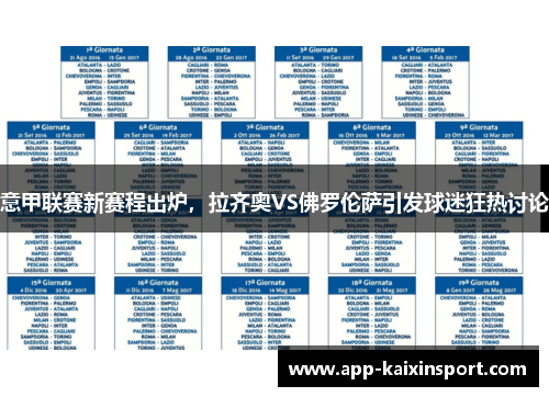 意甲联赛新赛程出炉，拉齐奥VS佛罗伦萨引发球迷狂热讨论